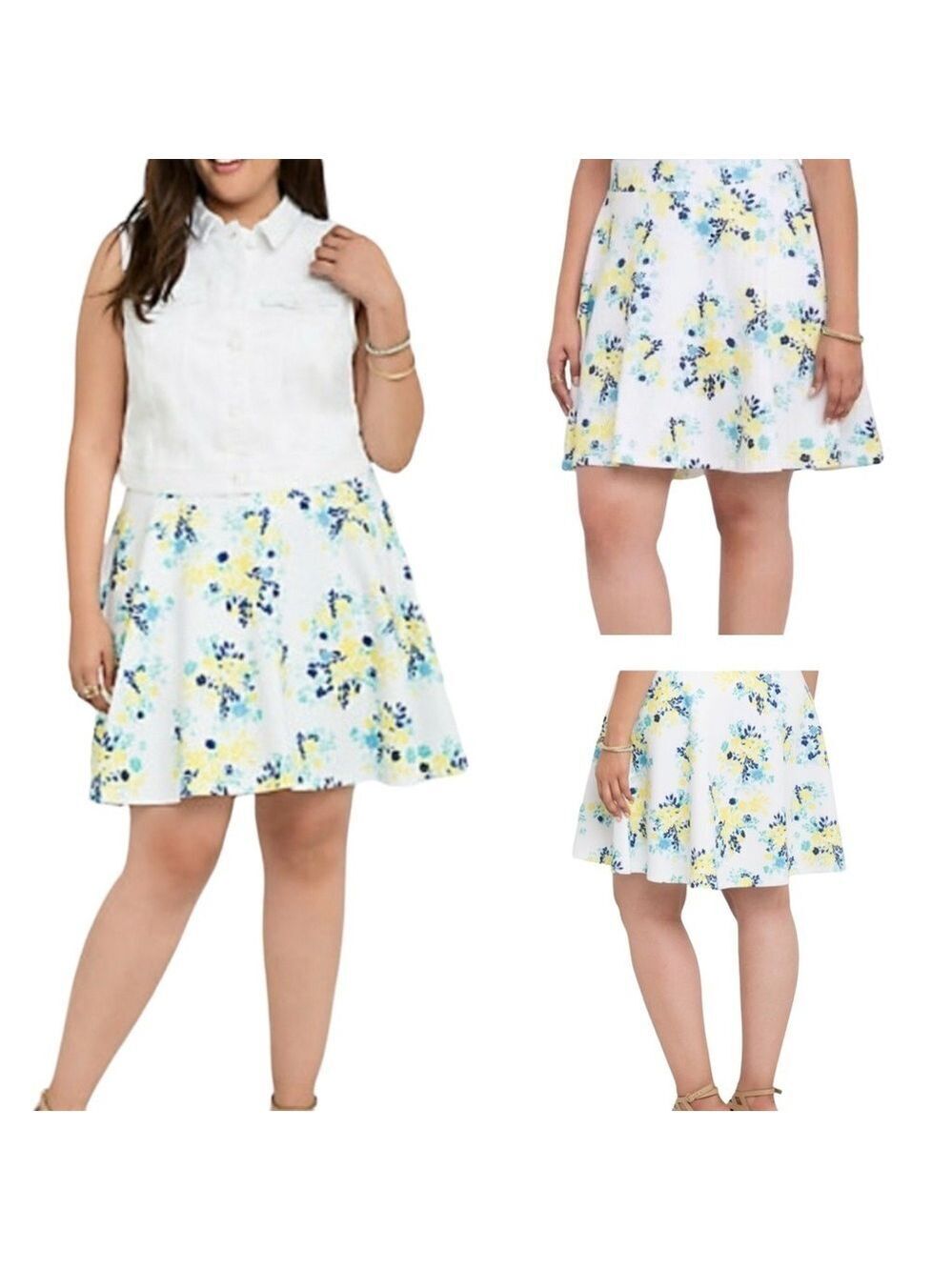 Torrid Floral Skater Skirt Size 3 Bloomcore Mini Stretch White Yellow